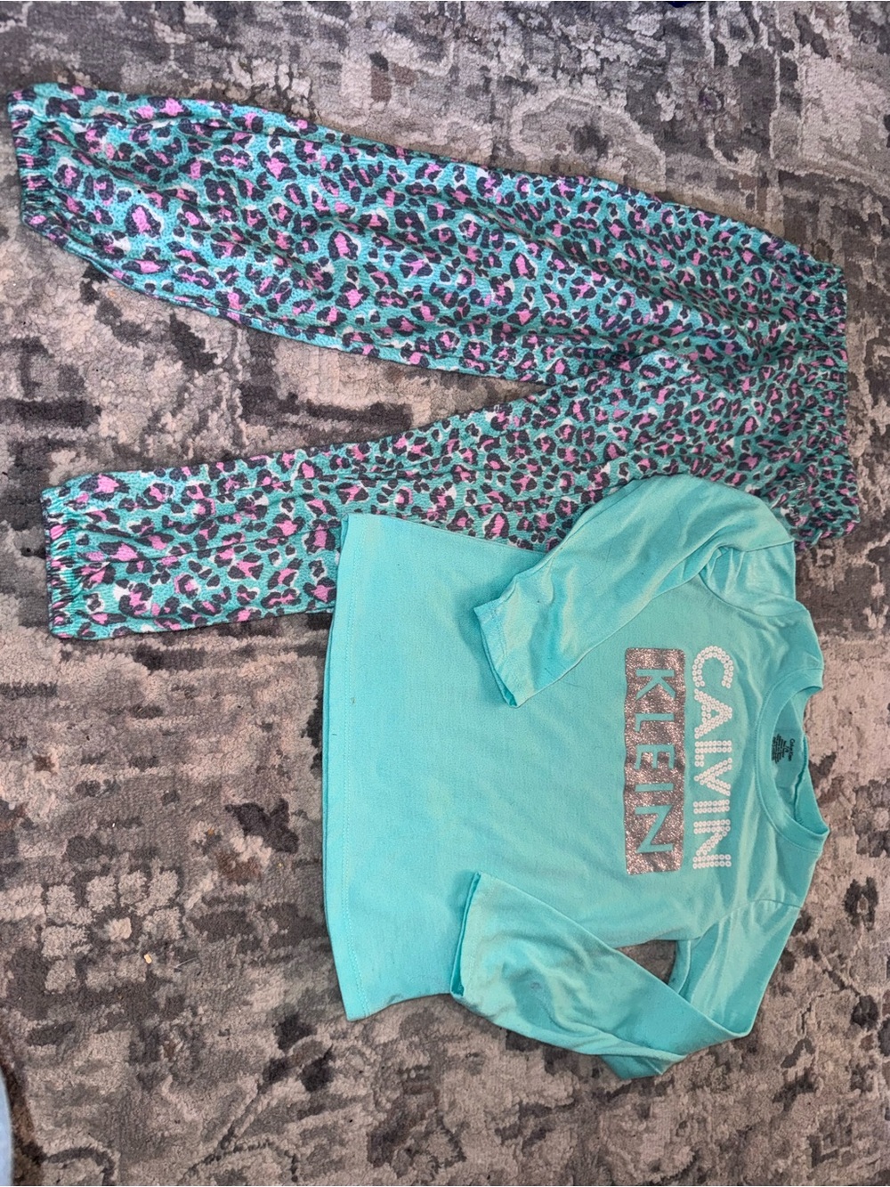 Calvin Klein Girls' Teal Leopard PJ Set with Pink Accents